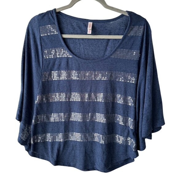 Blue Sequin Striped Blouse Size Medium - Picture 1 of 4